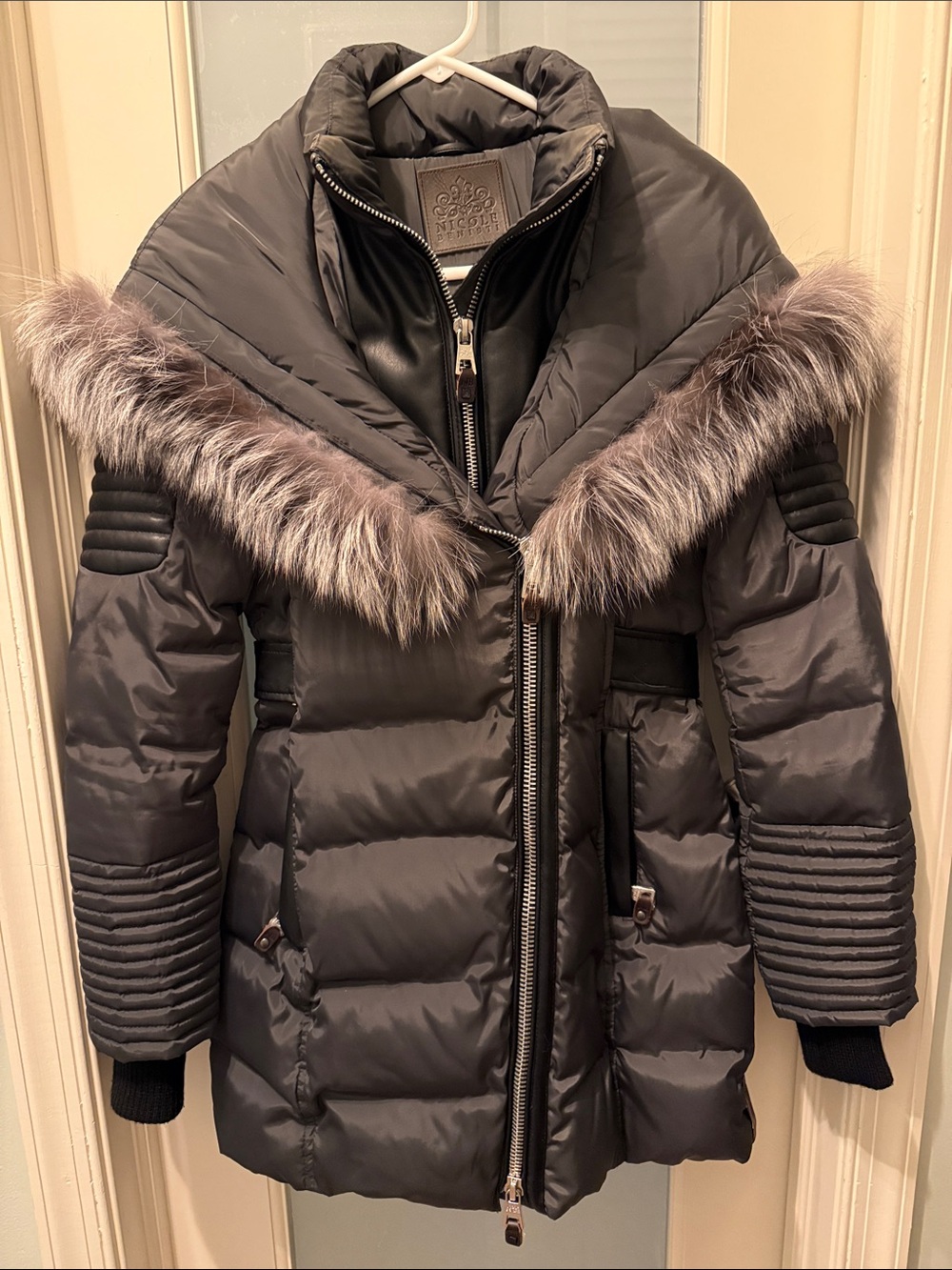 Quilted Faux-Fur Trim Puffer Coat in Charcoal by Unknown